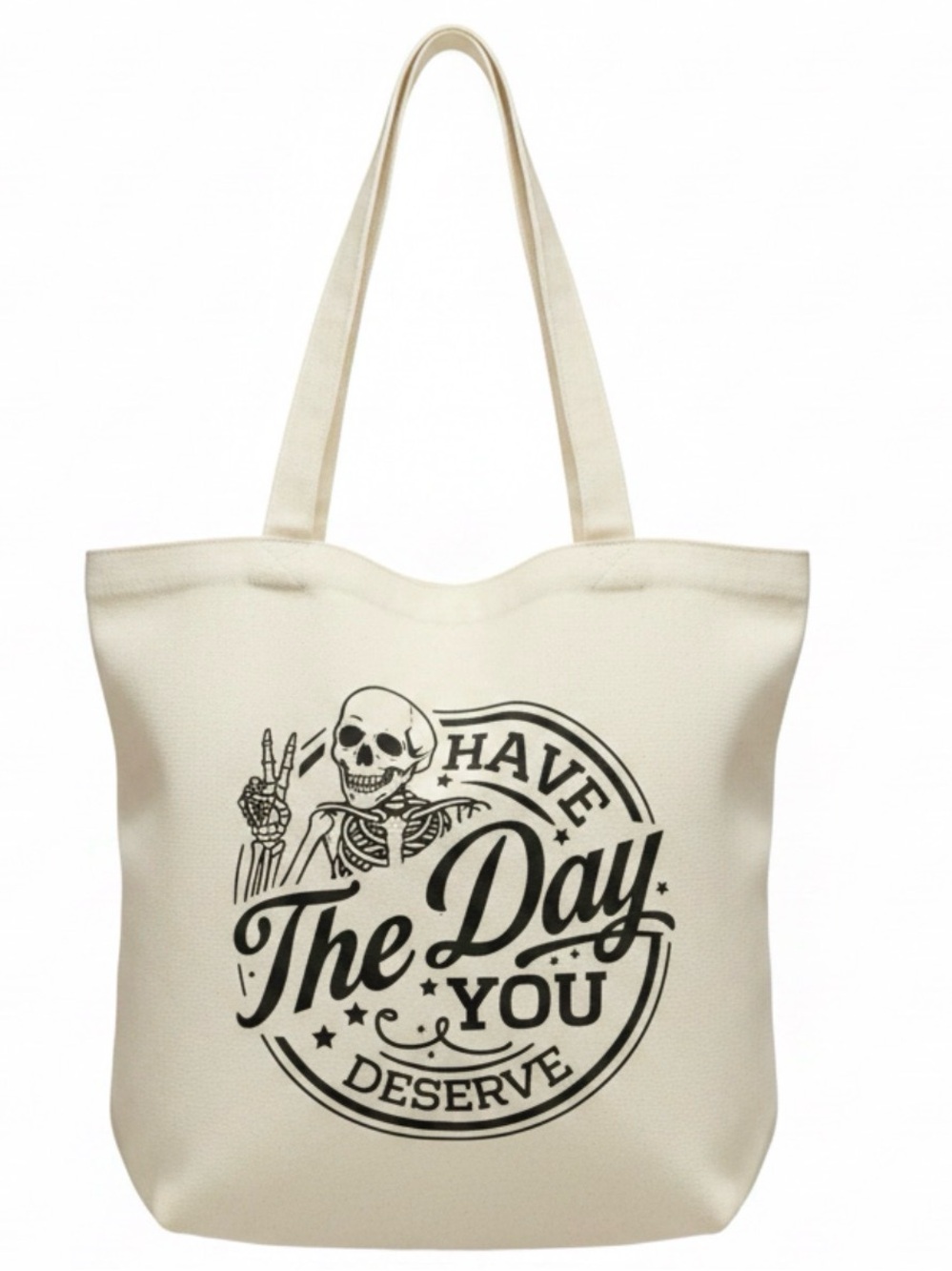 Skeleton Canvas Graphic Tote Bag in Cream with Black Print